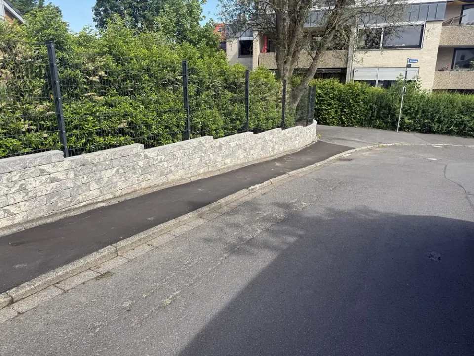 Fertig gestalteter Gartenweg mit Pflanzbeeten und Natursteineinfassung