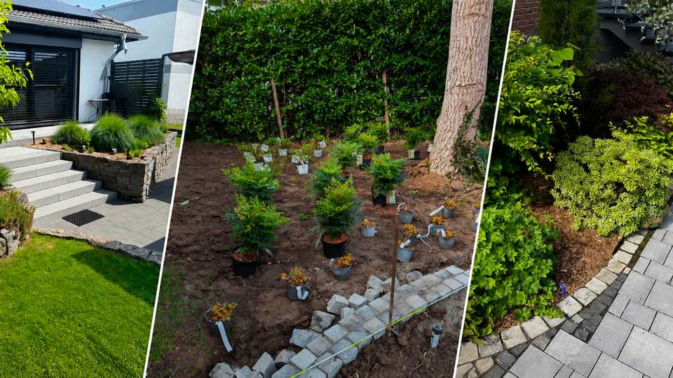 Außenanlagen aus einer Hand: gepflasterte Einfahrt, gepflanzte Beete und gepflasterter Weg im Grünen