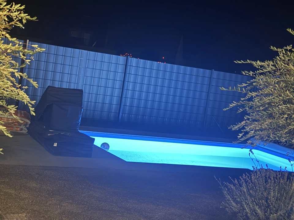 Blau beleuchteter Pool mit dunkler Terrassenfläche, Sichtschutz und bepflanzten Randbereichen bei Nacht